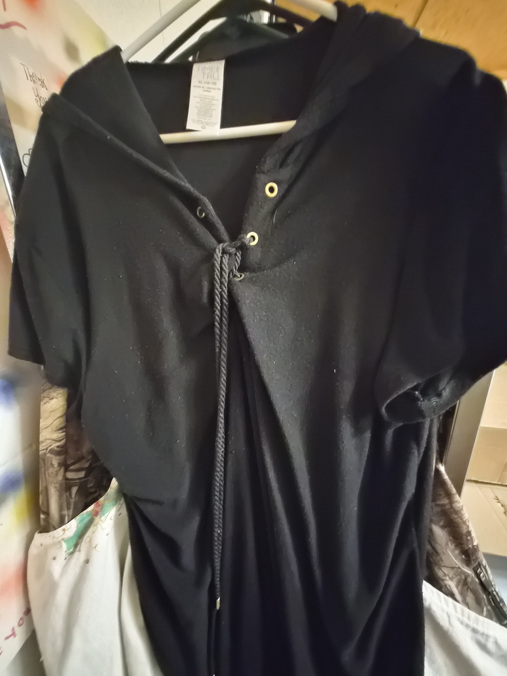 Time and Tru Black Hooded Lace-Up Tunic Top with Gold Eyelets